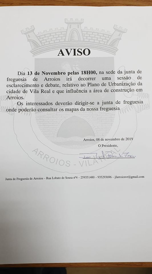 Aviso da Sessão de esclarecimento sobre o Plano de Urbanização